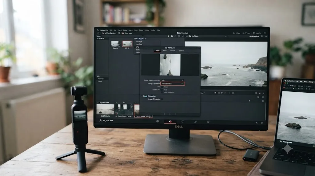 Illustration of a DaVinci Resolve Clip Attributes panel correcting the Image Orientation of a sideways Osmo Pocket 3 clip