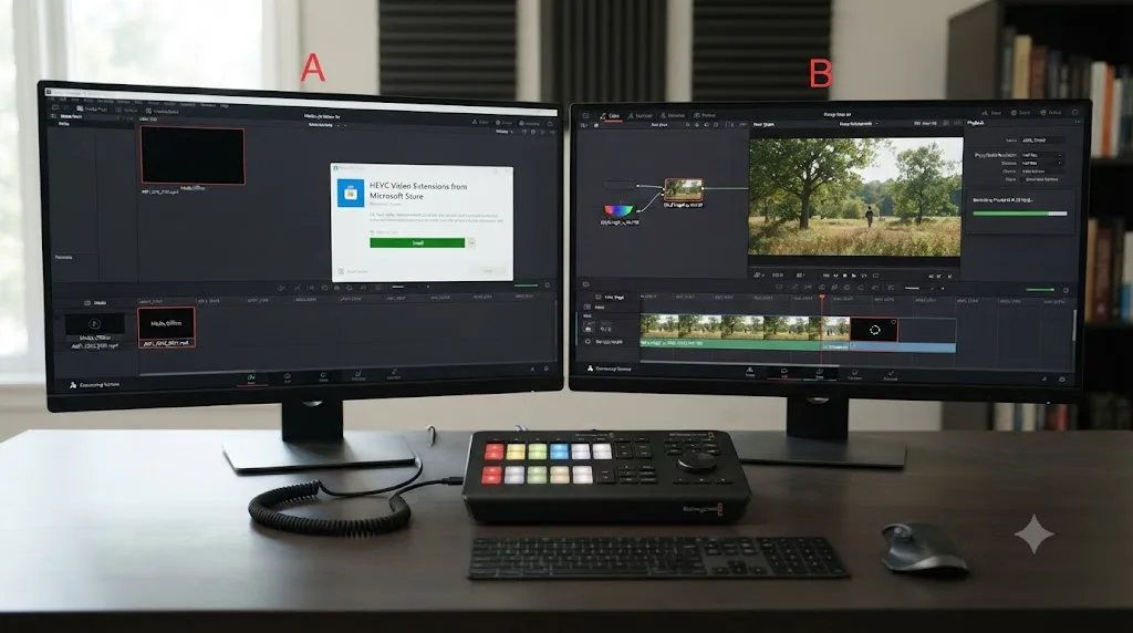 Illustration of a worked example fixing DJI Osmo Pocket 3 footage from import failure through color correction to smooth playback in DaVinci Resolve
