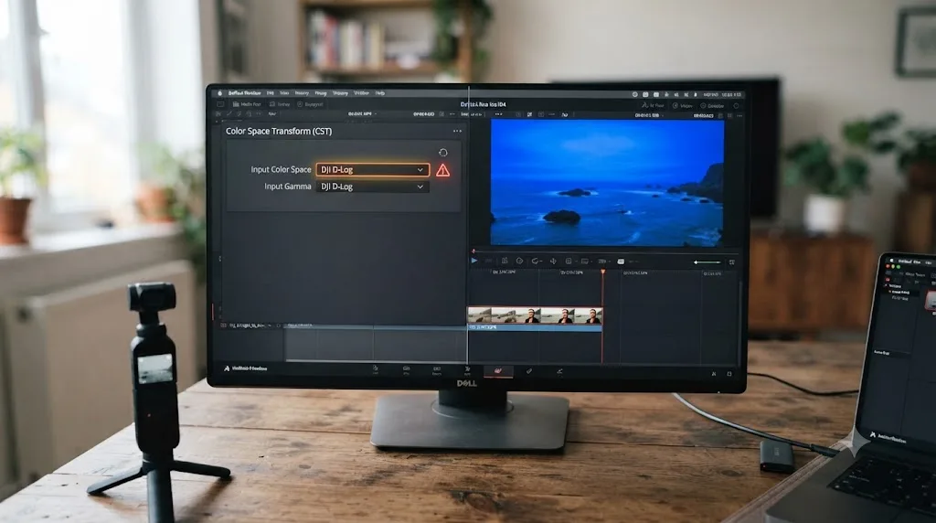 Illustration of a DaVinci Resolve Color Space Transform panel with the DJI D-Log preset applied to D-Log M footage, producing an oversaturated blue sky