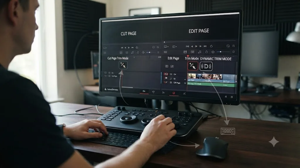 Illustration comparing DaVinci Resolve's Cut page and Edit page, showing Dynamic Trim Mode as an Edit page feature only