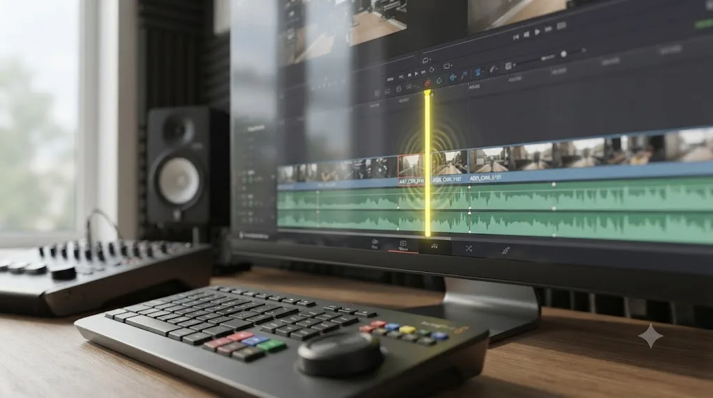 Illustration of a DaVinci Resolve timeline with a yellow playhead marking Dynamic Trim Mode as active