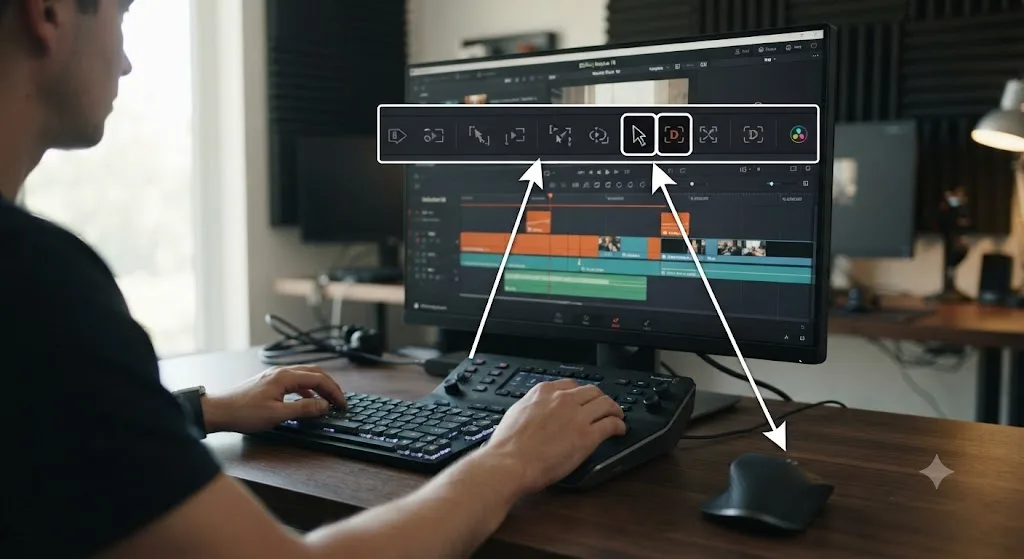 Illustration comparing DaVinci Resolve's mouse-driven Trim Edit Mode to its keyboard-driven Dynamic Trim Mode