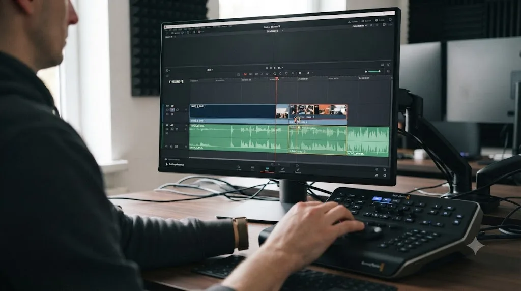 Illustration of a DaVinci Resolve multicam clip edit point rolling instead of rippling to keep camera angles in sync