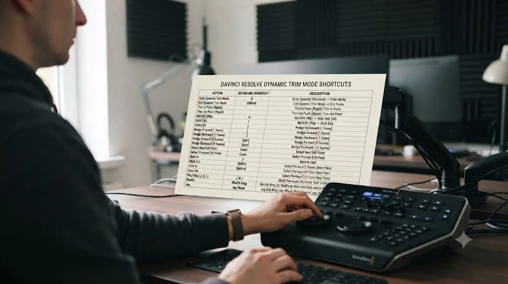 Illustration of a printable DaVinci Resolve Dynamic Trim Mode keyboard shortcut reference card