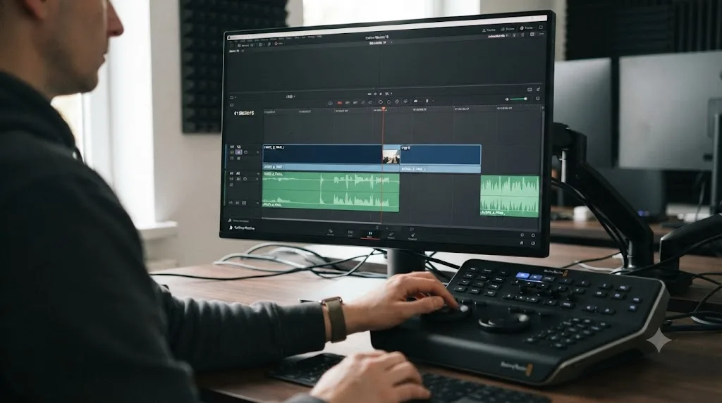 Illustration of a DaVinci Resolve timeline showing a J-cut split edit with the audio edit point ahead of the video edit point