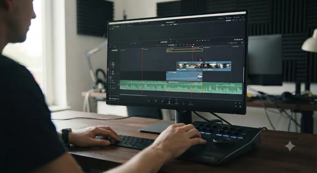 Illustration of a DaVinci Resolve Dynamic Trim Mode ripple affecting two tracks while a third track with Sync Lock off stays in place