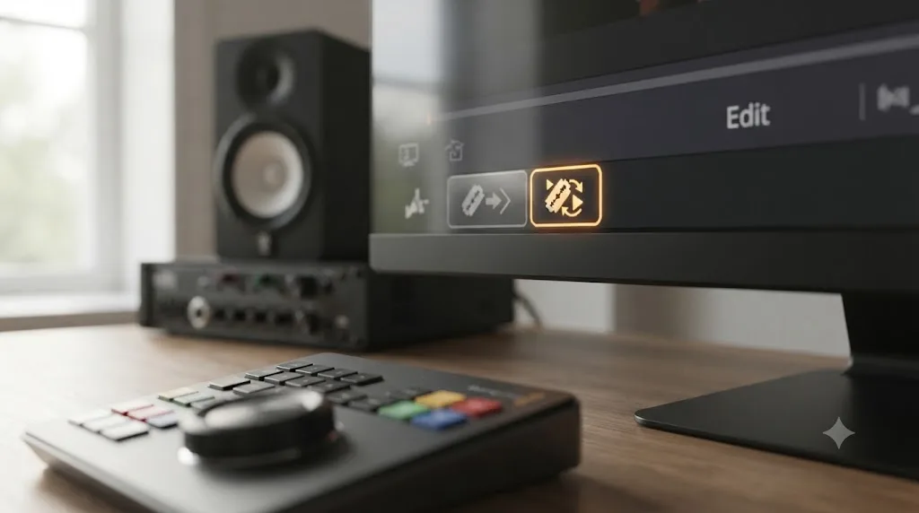 Illustration of the DaVinci Resolve toolbar with the Dynamic Trim Mode icon highlighted beside the Trim Edit Mode icon