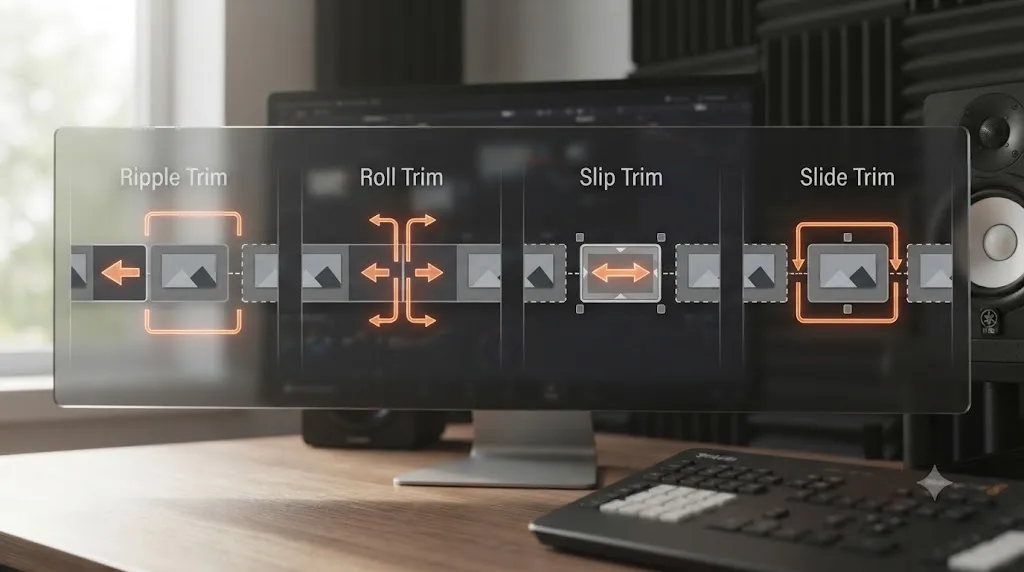 Illustration comparing ripple, roll, slip, and slide trims on a DaVinci Resolve timeline