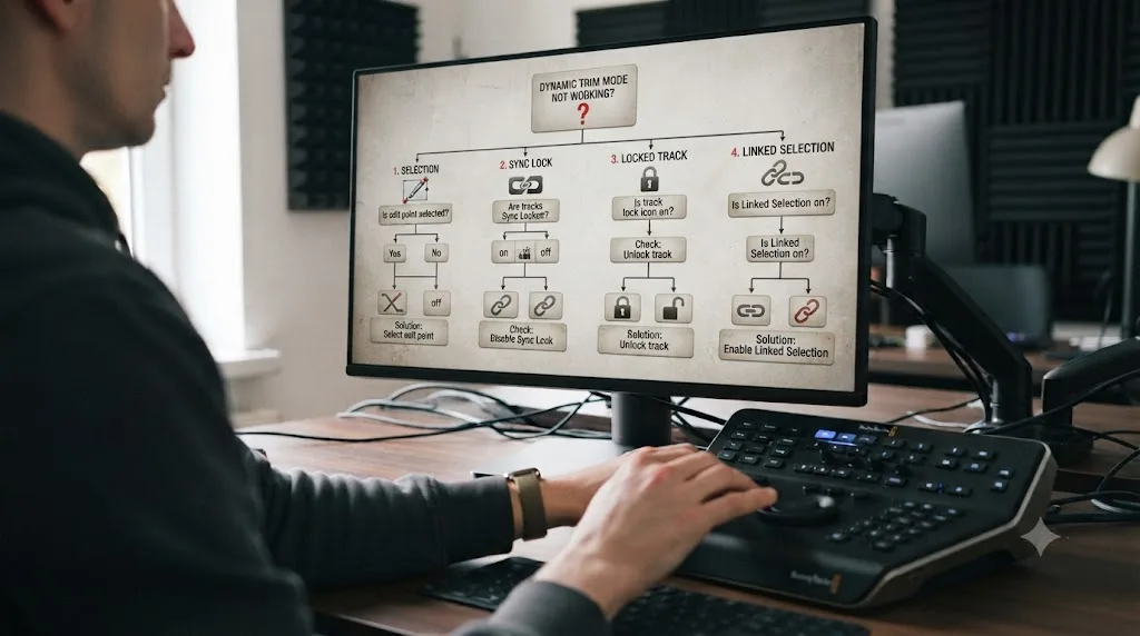 Illustration of a troubleshooting flowchart for common DaVinci Resolve Dynamic Trim Mode problems