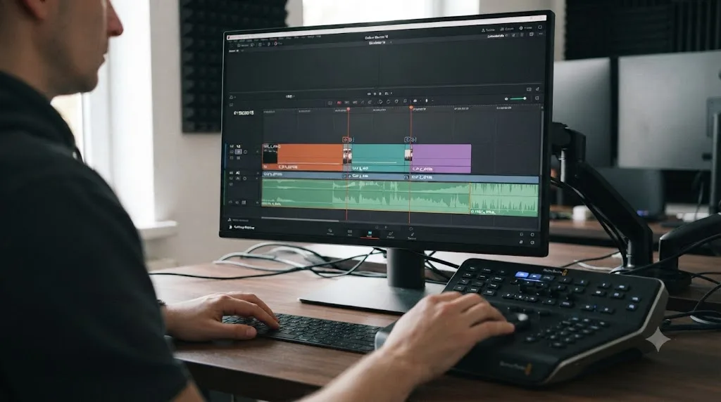 Illustration of a worked example trimming an edit point with DaVinci Resolve Dynamic Trim Mode across three clips and an audio track