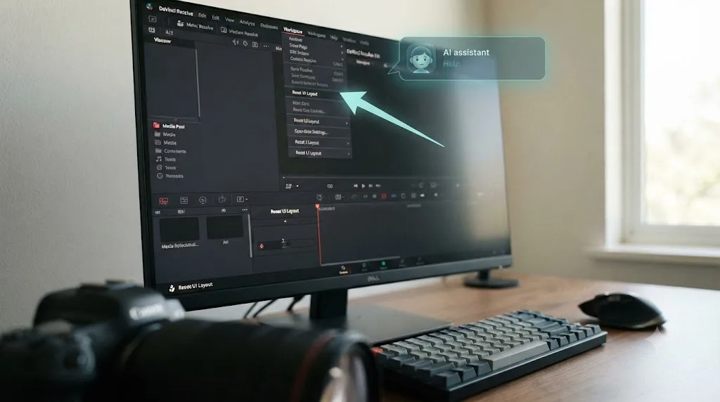 Illustration of an AI tutor overlay pointing at the Workspace menu inside DaVinci Resolve