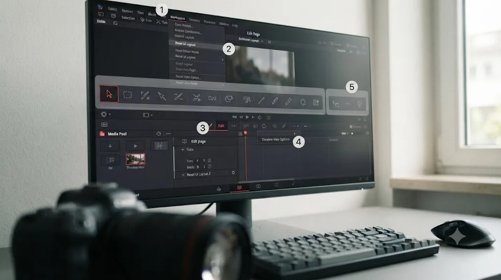 Illustration of a numbered troubleshooting checklist overlaid on a restored DaVinci Resolve Edit page toolbar