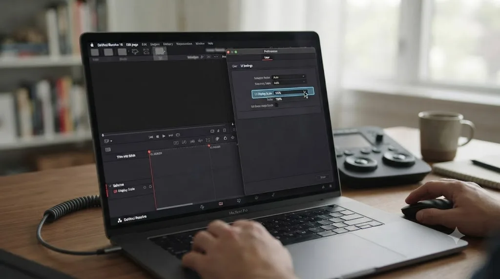 Illustration of broken DaVinci Resolve toolbar icons next to the UI Display Scale preference that fixes them