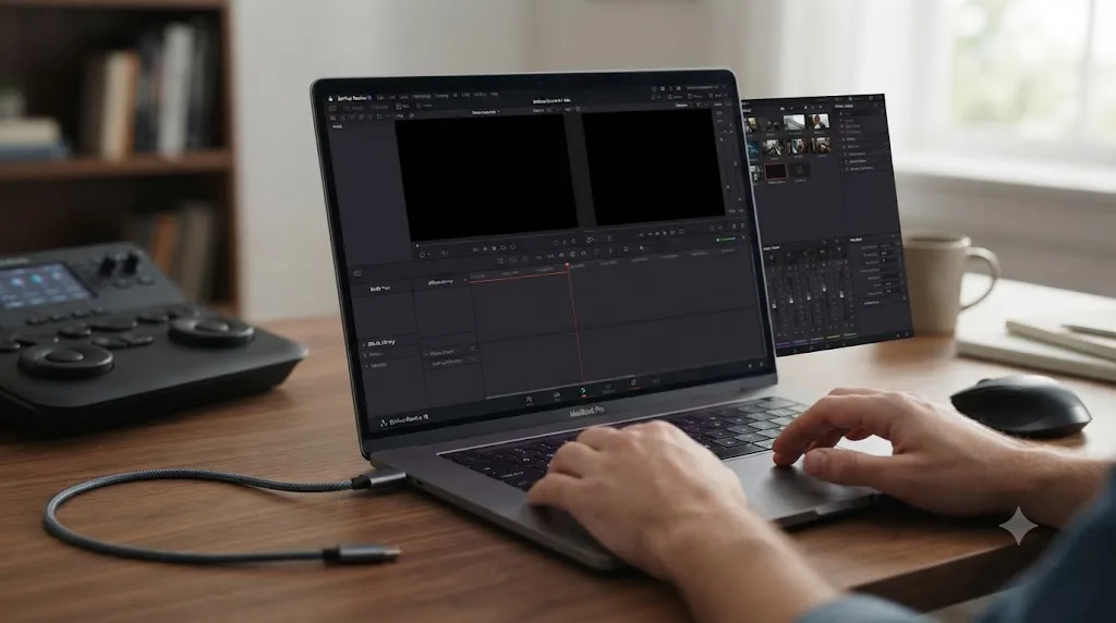 Illustration of DaVinci Resolve panels displaced off-screen after an external monitor disconnects