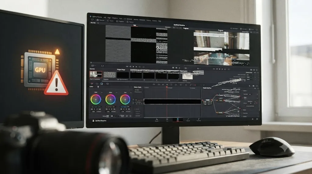 Illustration of a GPU driver issue causing rendering glitches across DaVinci Resolve panels