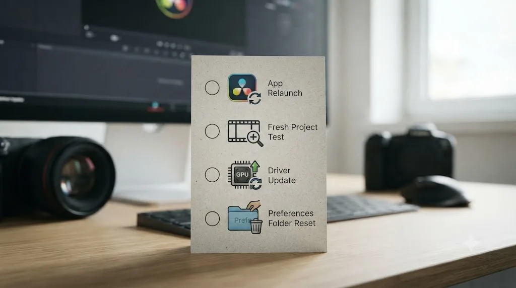 Illustration of a final troubleshooting checklist for an unresolved missing DaVinci Resolve toolbar