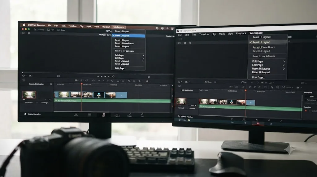 Illustration comparing Mac and Windows DaVinci Resolve menu bar layouts leading to the same Reset UI Layout option