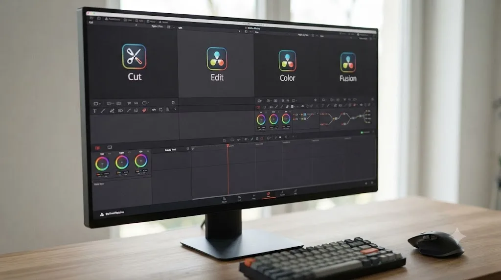 Illustration comparing DaVinci Resolve's Cut, Edit, Color, and Fusion page toolbars, with the Edit page toolbar shown missing