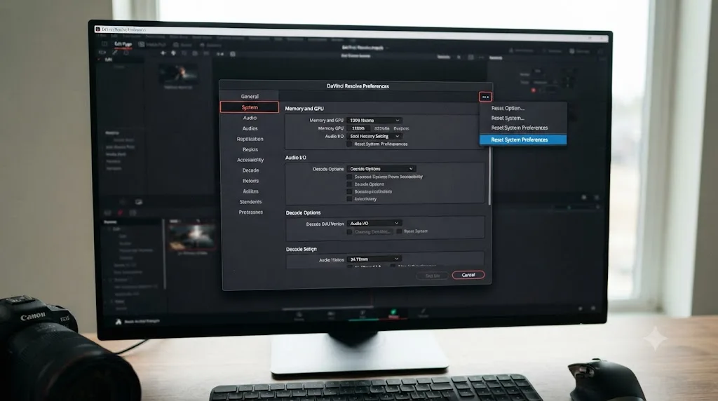 Illustration of the DaVinci Resolve Preferences System tab with the Reset System Preferences option highlighted