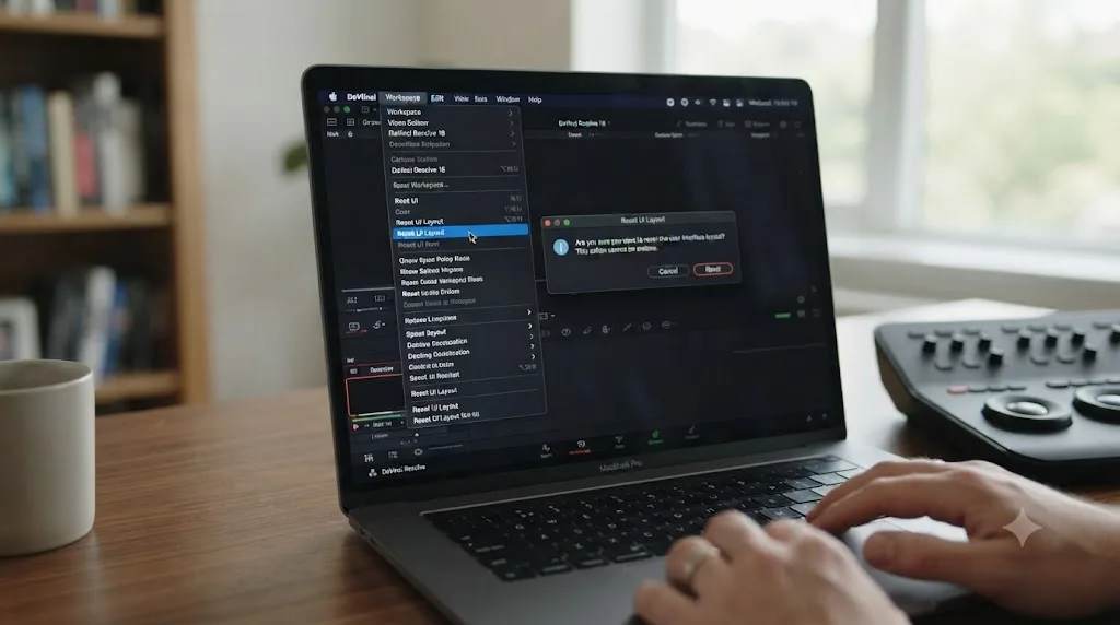 Illustration of the DaVinci Resolve Workspace menu with the Reset UI Layout option highlighted