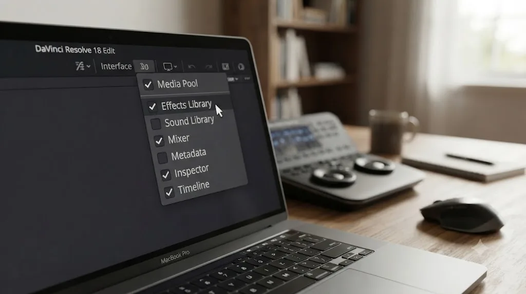 Illustration of the DaVinci Resolve Interface Toolbar right-click menu with panel visibility checkboxes