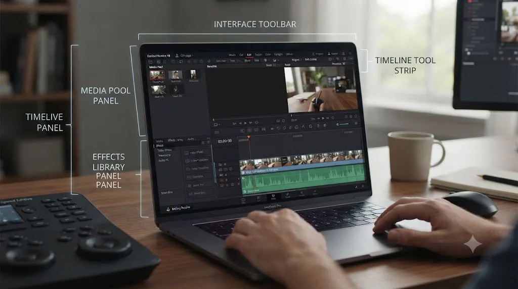 Illustration labeling the different toolbar and panel elements on the DaVinci Resolve Edit page