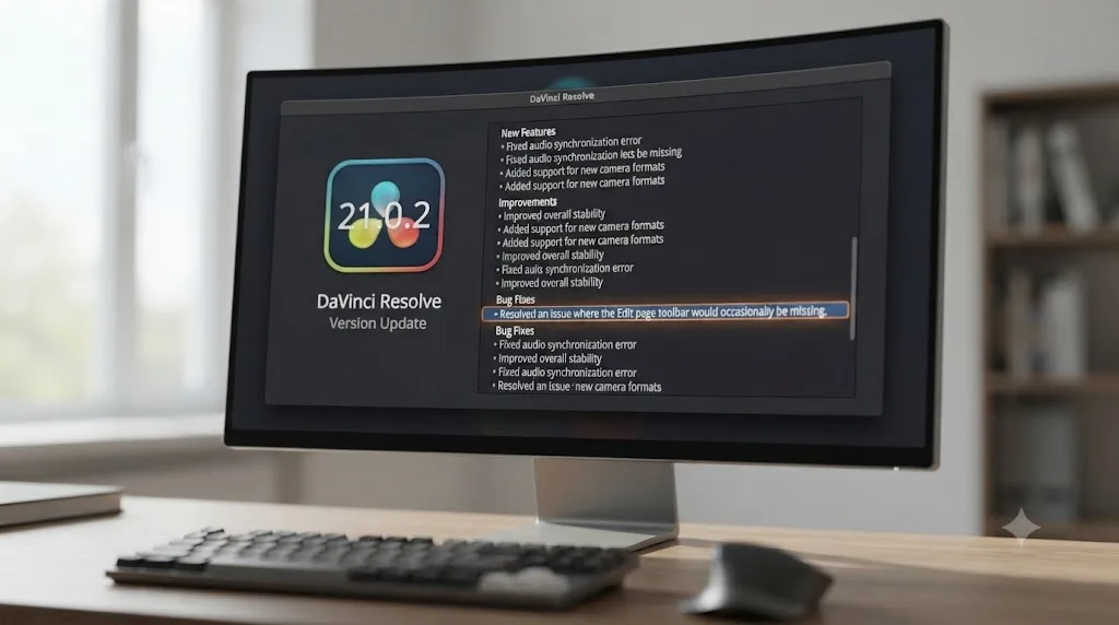 Illustration of a DaVinci Resolve version update changelog highlighting an interface-related fix entry