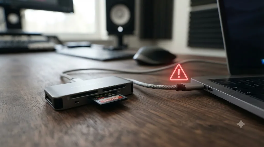 Illustration of a camera memory card being copied through a card reader with a warning icon on the connecting cable
