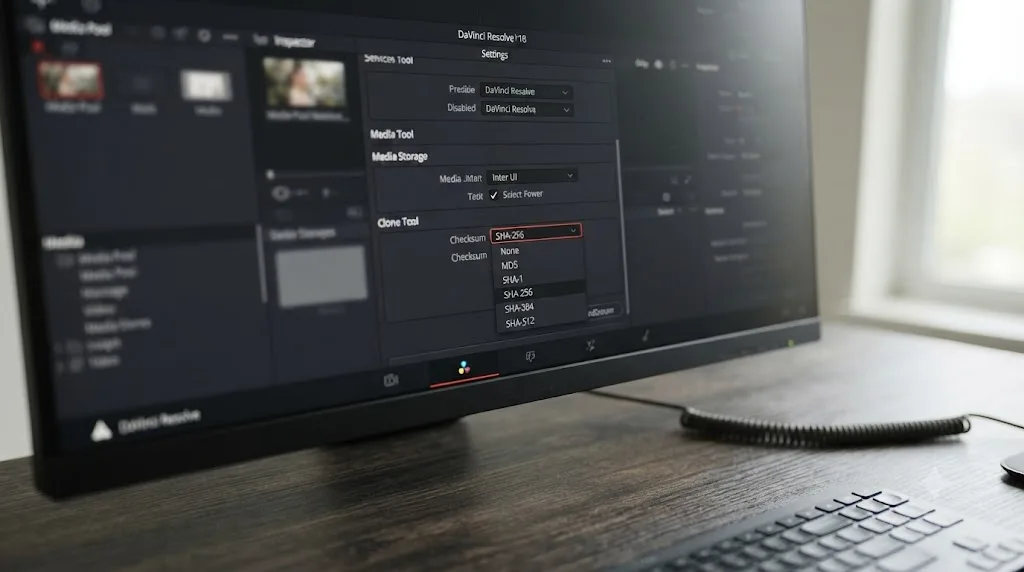 Illustration of the DaVinci Resolve Clone Tool checksum options menu from None to SHA512