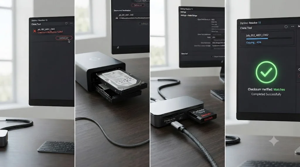 Illustration of a numbered checklist for fixing a DaVinci Resolve Clone Tool checksum verification failure