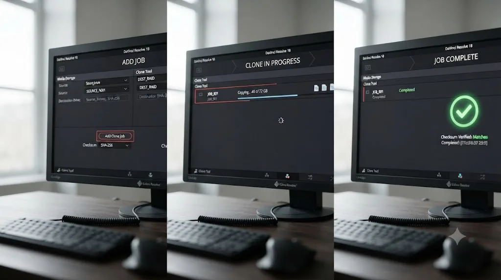 Illustration of a step-by-step DaVinci Resolve Clone Tool session from adding a job to a completed clone