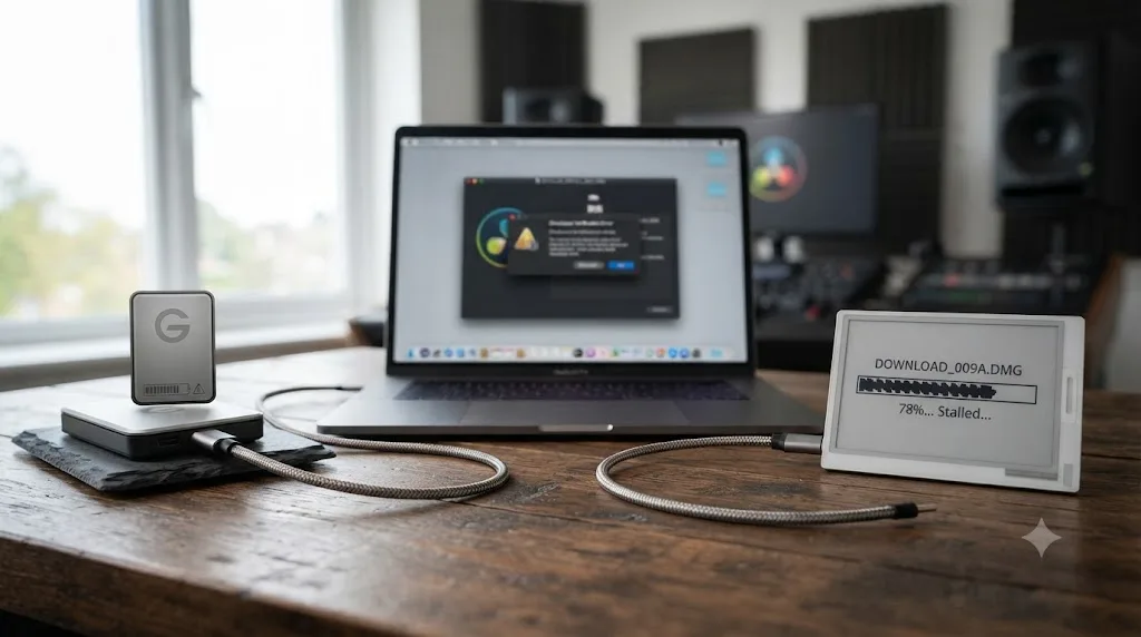 Illustration comparing a nearly full hard drive and an incomplete download, both causes of a DaVinci Resolve installer checksum error