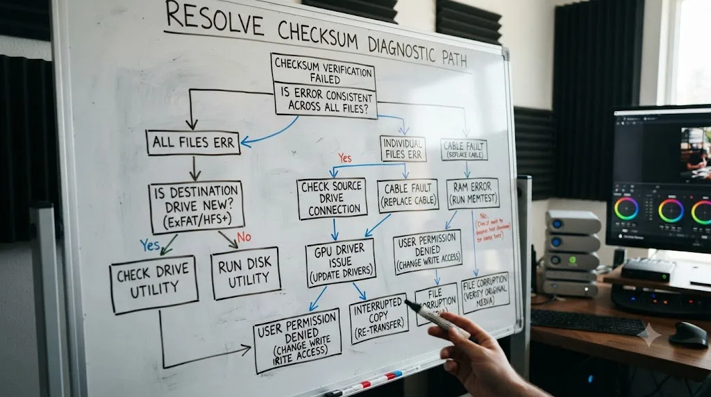 Illustration of a decision flowchart matching DaVinci Resolve checksum failure symptoms to their likely causes