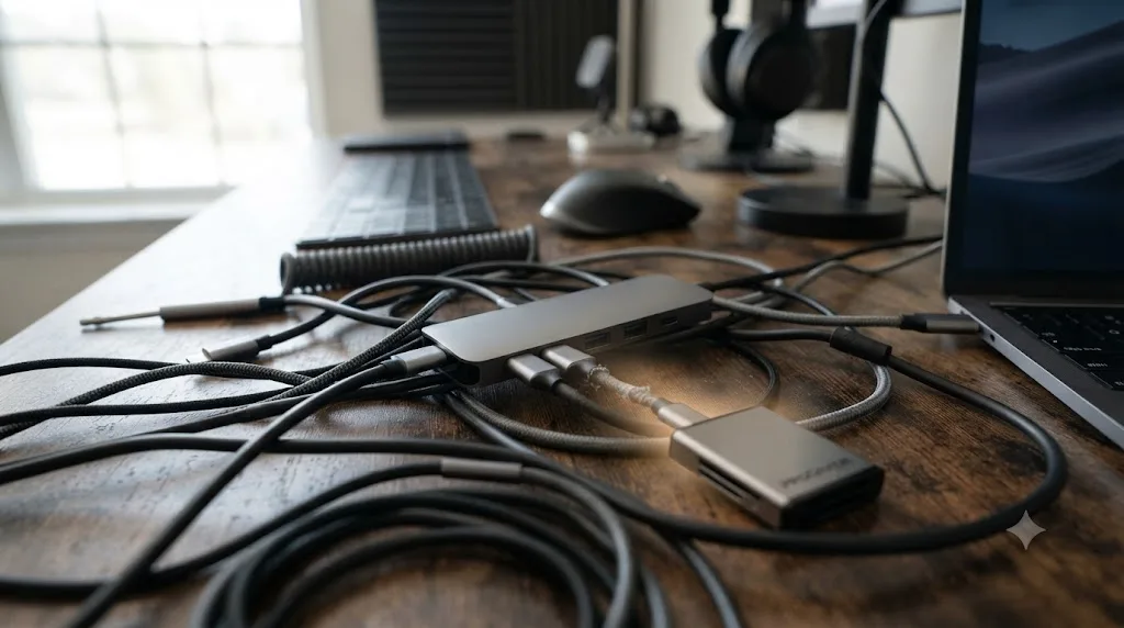 Illustration of a tangle of USB cables and a hub with one card reader connection highlighted as unreliable