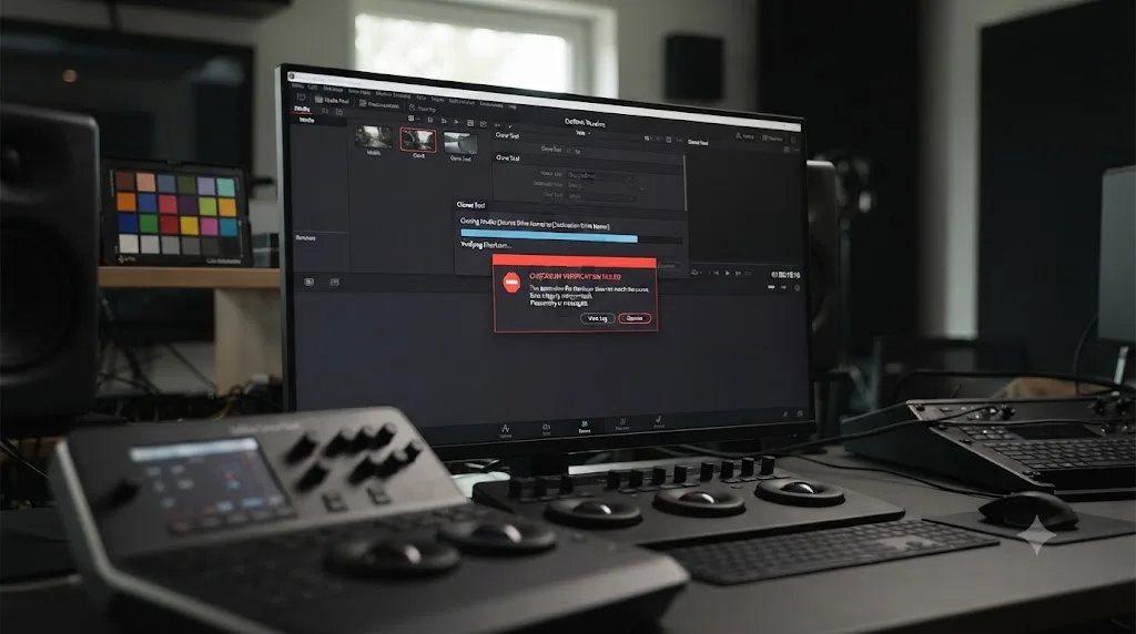 Illustration of a checksum verification failed warning dialog over a DaVinci Resolve Clone Tool progress bar