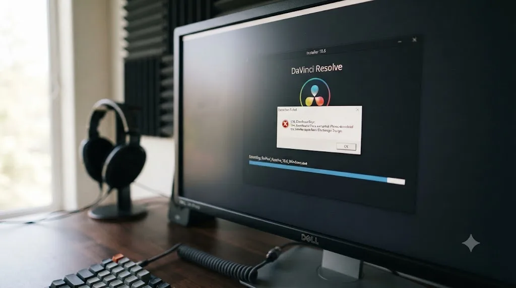 Illustration of a DaVinci Resolve installer window showing a CRC checksum error during extraction