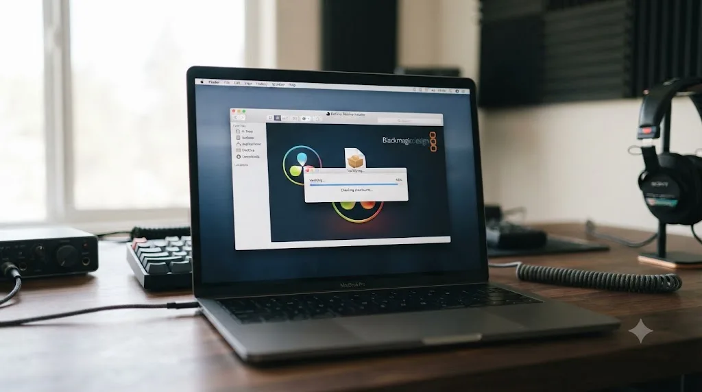 Illustration of a macOS Finder window mounting a DaVinci Resolve disk image with a checksum verification progress indicator