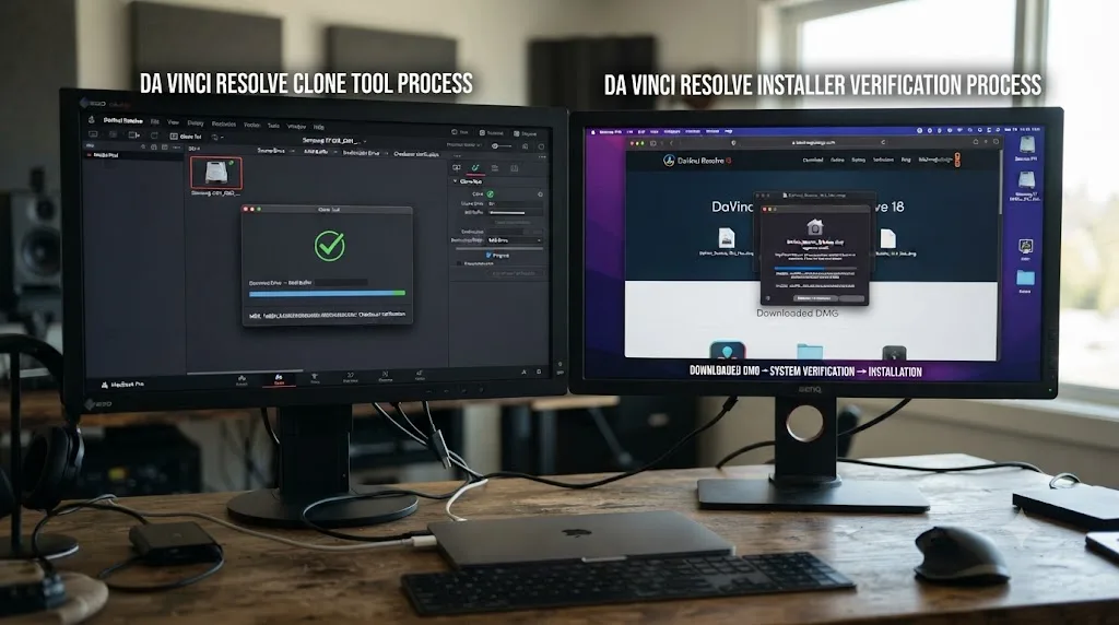 Illustration comparing the Clone Tool checksum path and the DaVinci Resolve installer checksum path