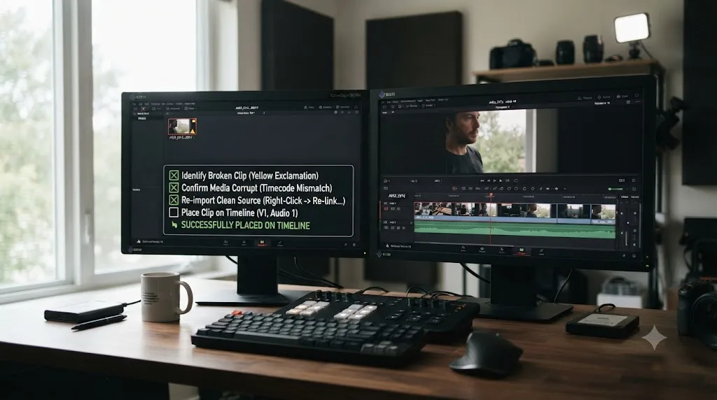 Illustration of a step by step checklist for fixing a DaVinci Resolve import error