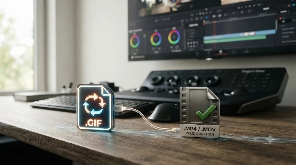 Illustration of a GIF file being converted into a DaVinci Resolve compatible video clip