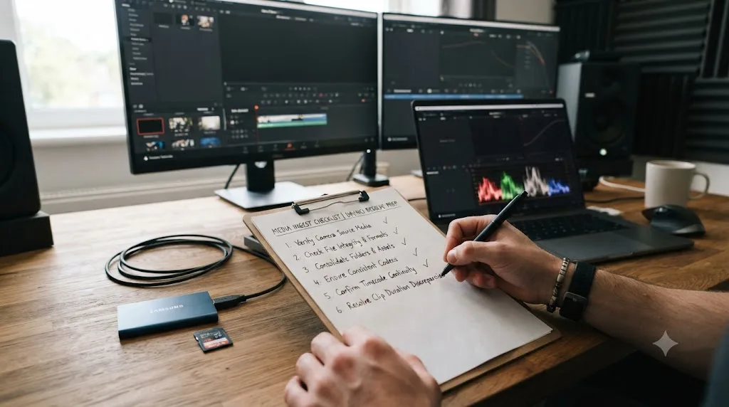 Illustration of a media ingest checklist for preventing DaVinci Resolve import errors