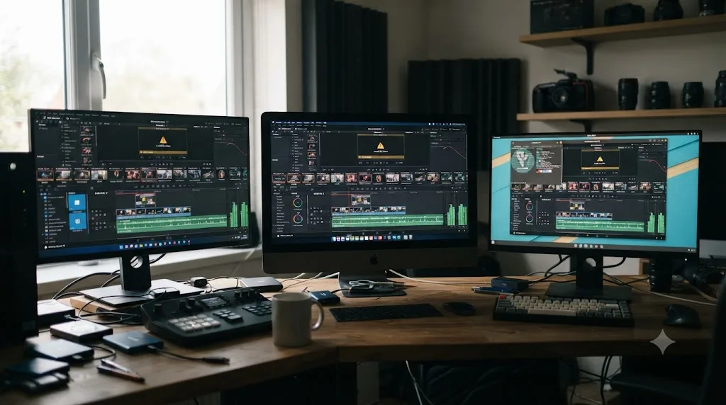 Illustration of DaVinci Resolve running across Windows, Mac, and Linux desktops