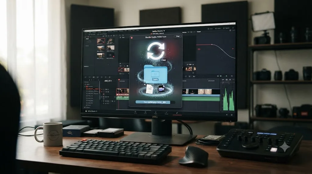 Illustration of a corrupted render cache being cleared from a DaVinci Resolve project