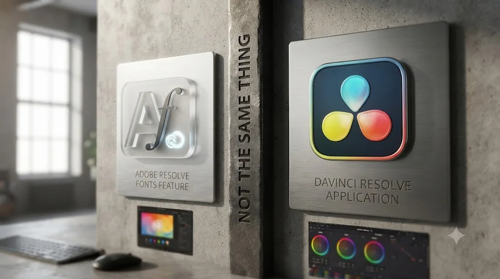 Illustration distinguishing Adobe's Resolve Fonts feature from the unrelated DaVinci Resolve video editing application