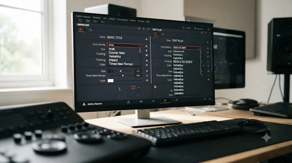 Illustration comparing DaVinci Resolve's Basic Title and Text plus font lists with a custom font only visible in Text plus