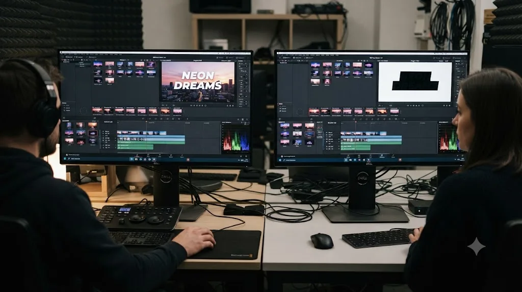 Illustration of a shared DaVinci Resolve project rendering a title correctly on one workstation and as a black shape on another