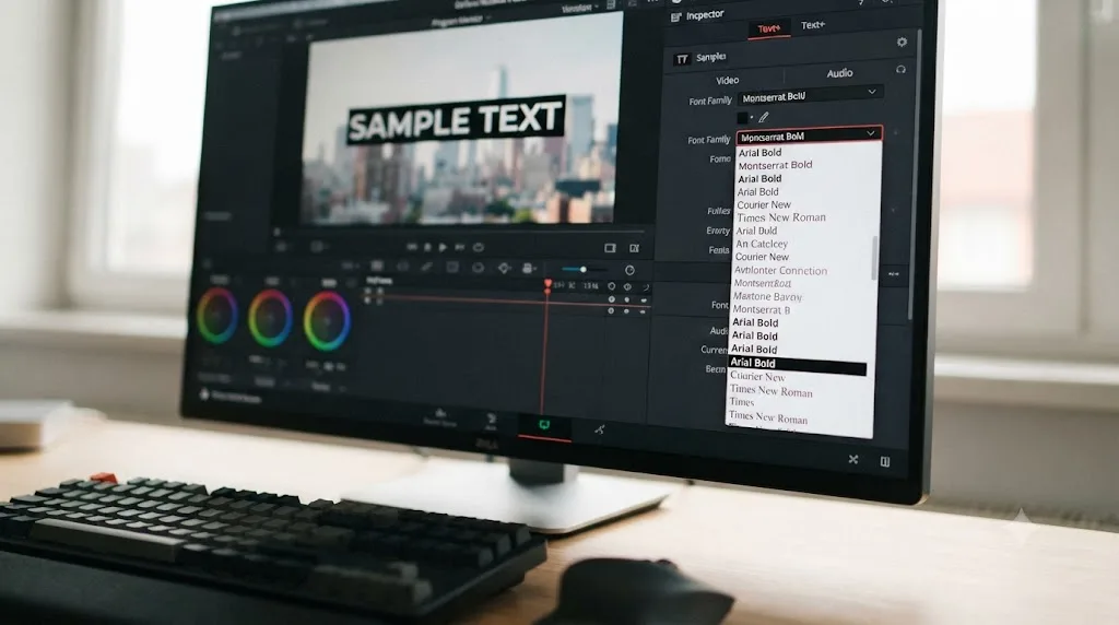 Illustration of a DaVinci Resolve Inspector font dropdown being used to diagnose a black missing-font text layer