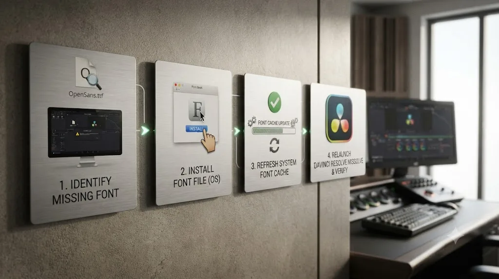 Illustration of a flowchart for installing a font and relaunching DaVinci Resolve to fix a missing font error