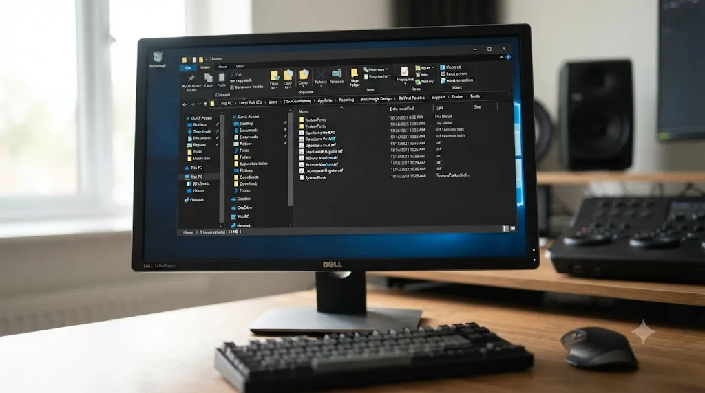 Illustration of a Windows file explorer showing DaVinci Resolve's Fusion font cache folder path