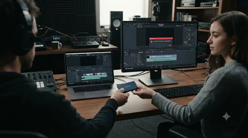 Illustration of a DaVinci Resolve project handed off between computers with a font mismatch on the receiving machine